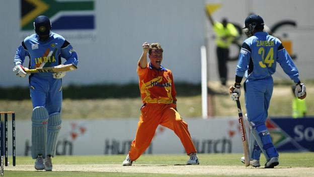 Tim de Leede of the Netherlands celebrates taking a wicket against India at the 2003 World Cup