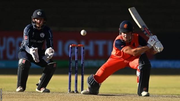 Netherlands all-rounder Bas de Leede hits out against Scotland in the 2023 Cricket World Cup qualifying tournament
