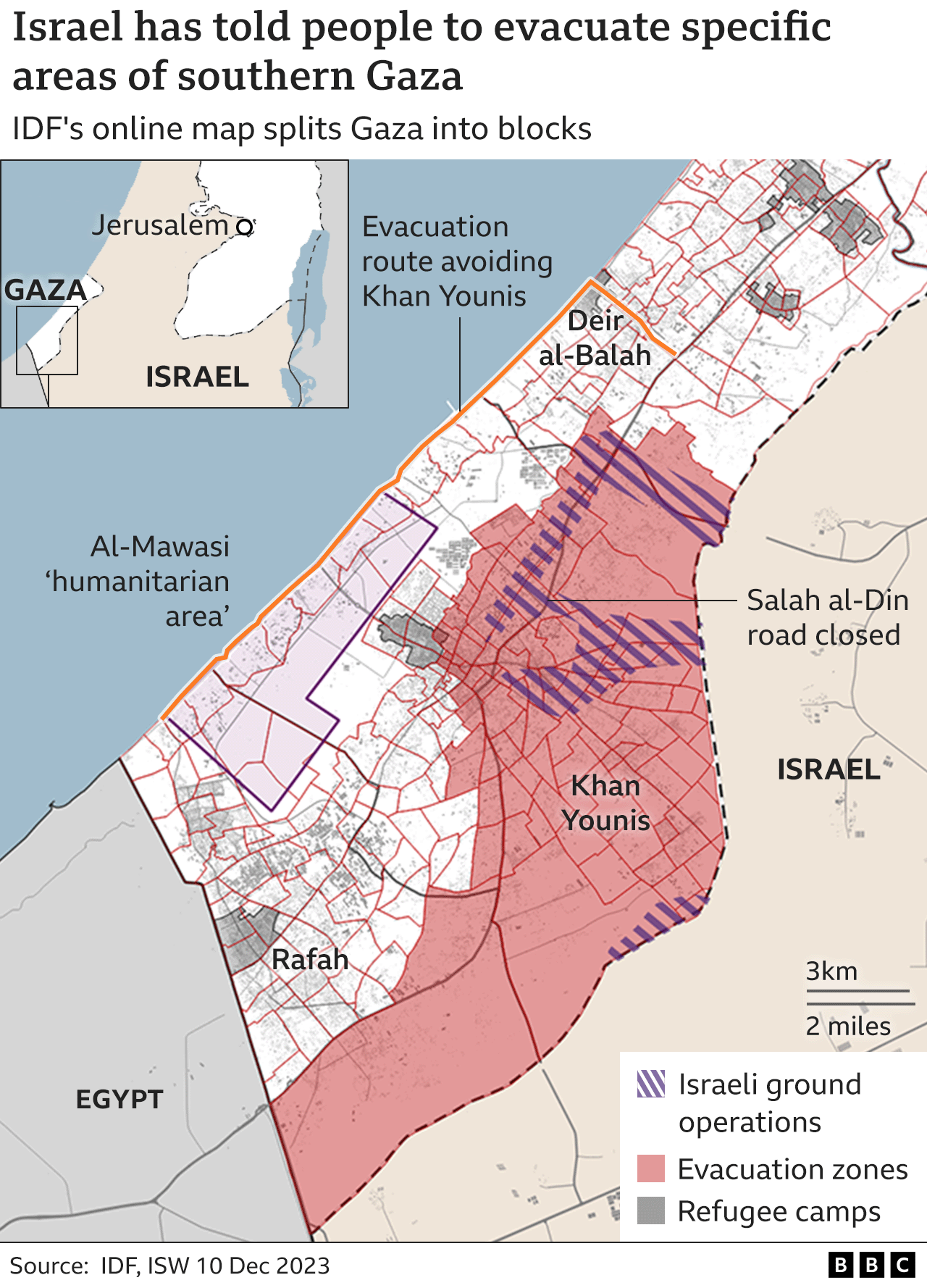 Map showing areas of the southern Gaza Strip that the Israeli military has told residents to evacuate (10 December 2023)