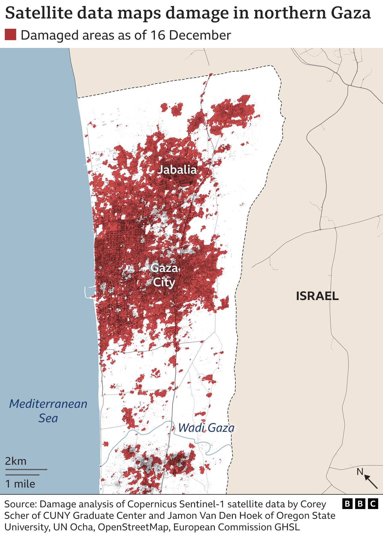 Map showing damage to northern Gaza as at 16 December 2023