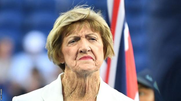 Margaret Court looks on during a tennis Hall of Fame ceremony in 2020