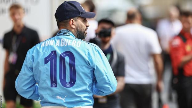 Sergio Aguero dressed in Manchester City colours at Abu Dhabi Grand Prix
