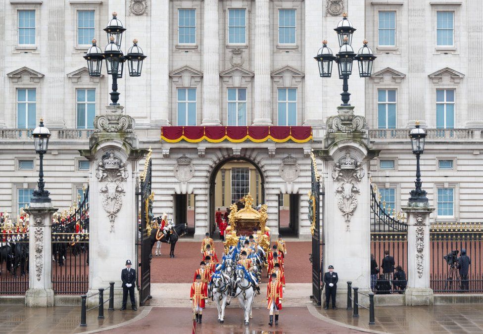 The Gold State Coach leaves Buckingham Palace for King Charles's Coronation